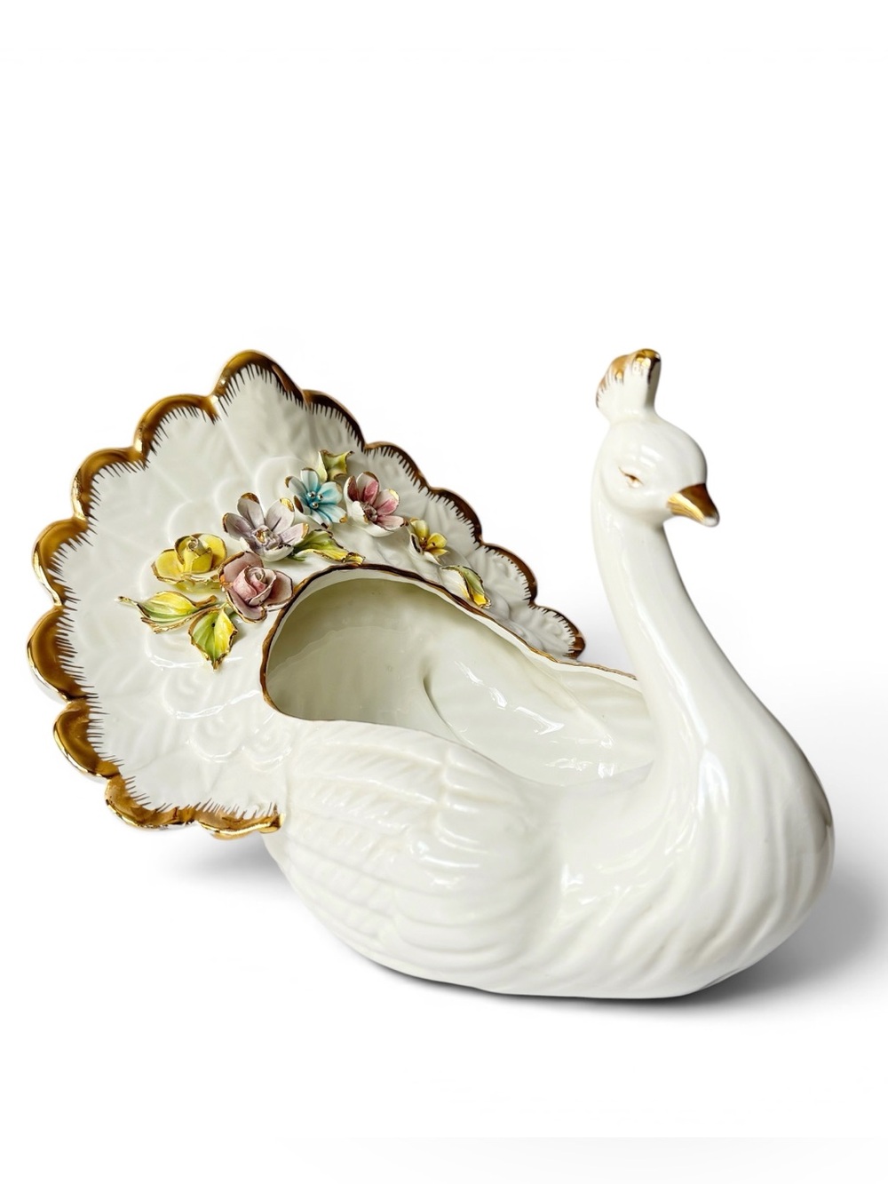 Vintage Capodimonte Peacock Bird Swan Floral Gilt Large Porcelain Planter Vase